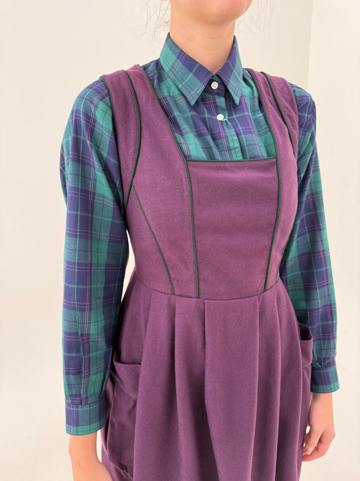 Rochie vintage cu corsaj din lan extrafina eggplant purple midi cu talie ultra înaltă marcată