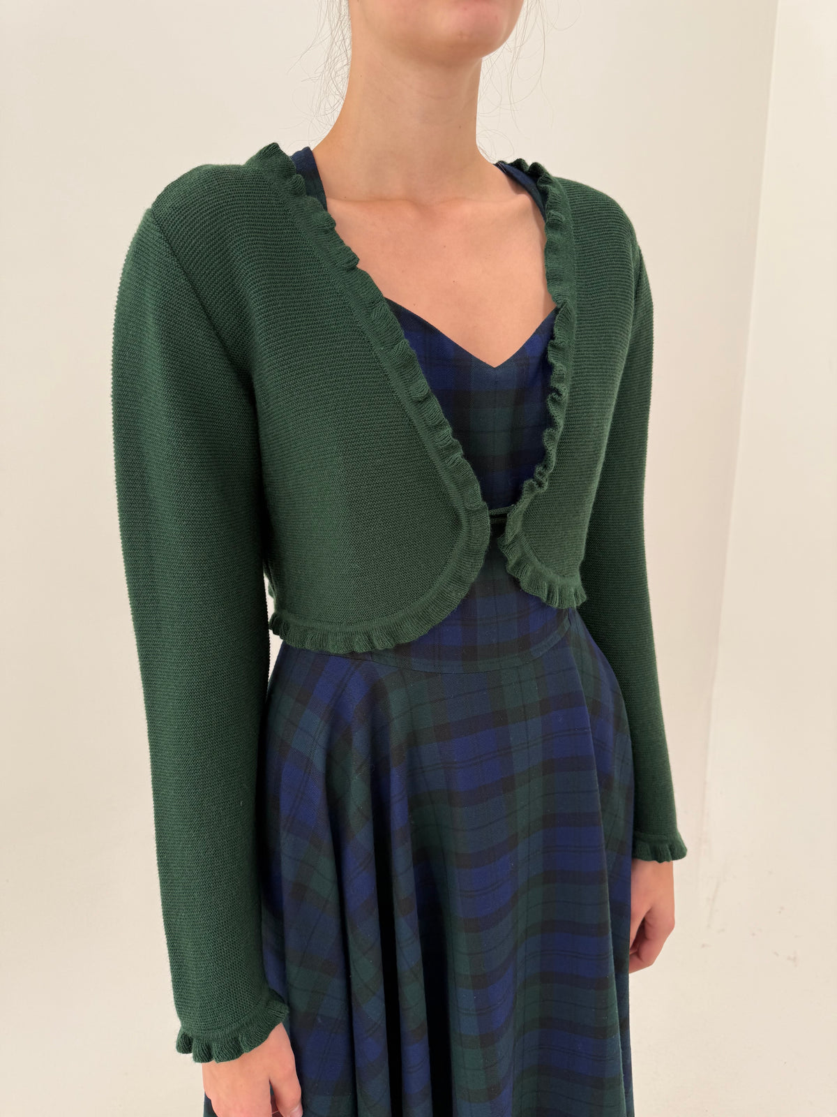 Cardigan vintage din lana extrafina texturată superb în croi cambrat dark green