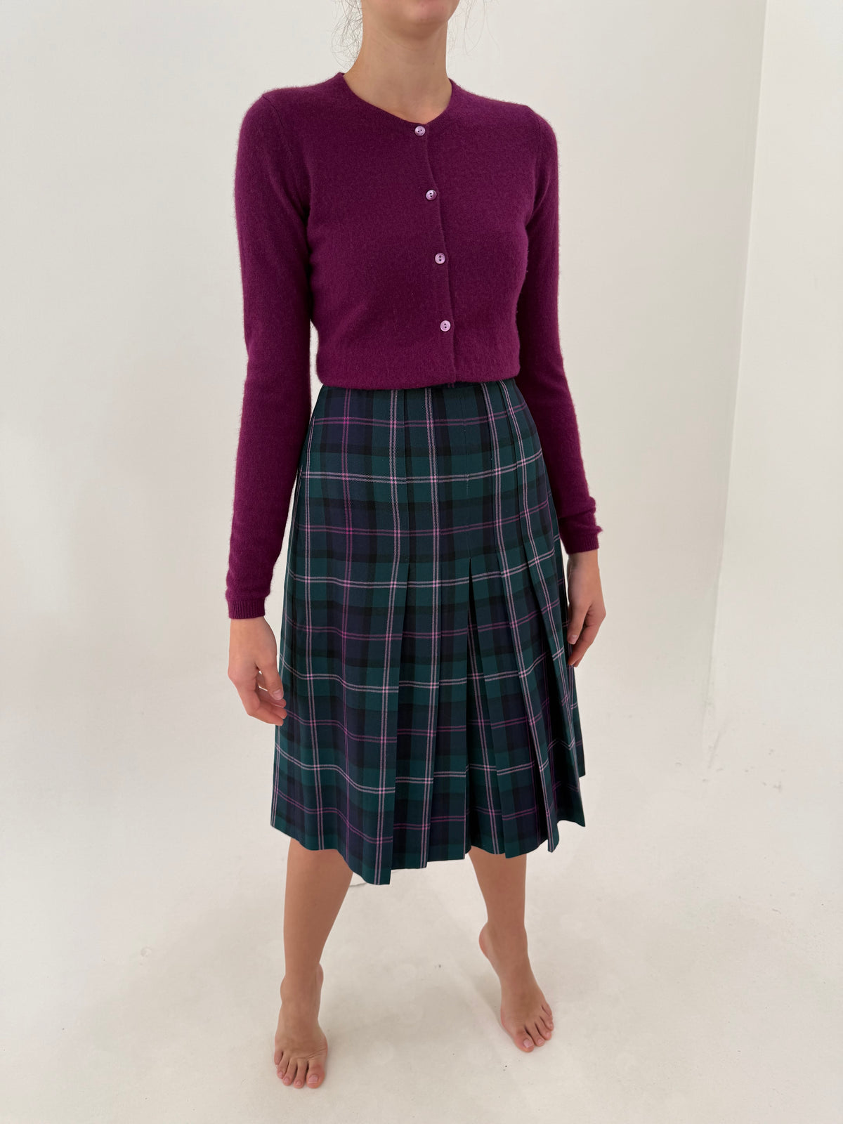 Fustă pantaloni din tartan de lana cu talie ultra înaltă midi