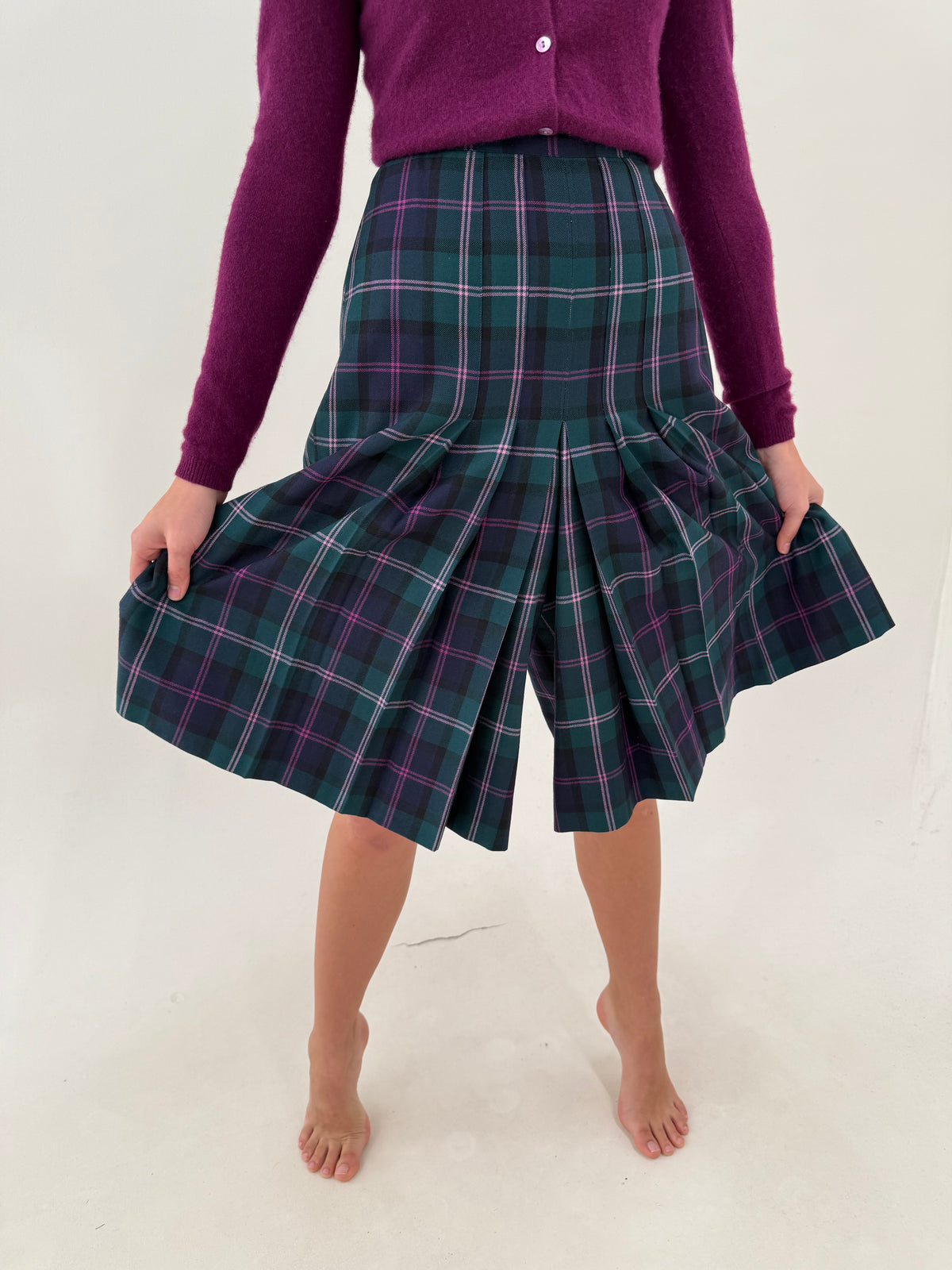 Fustă pantaloni din tartan de lana cu talie ultra înaltă midi