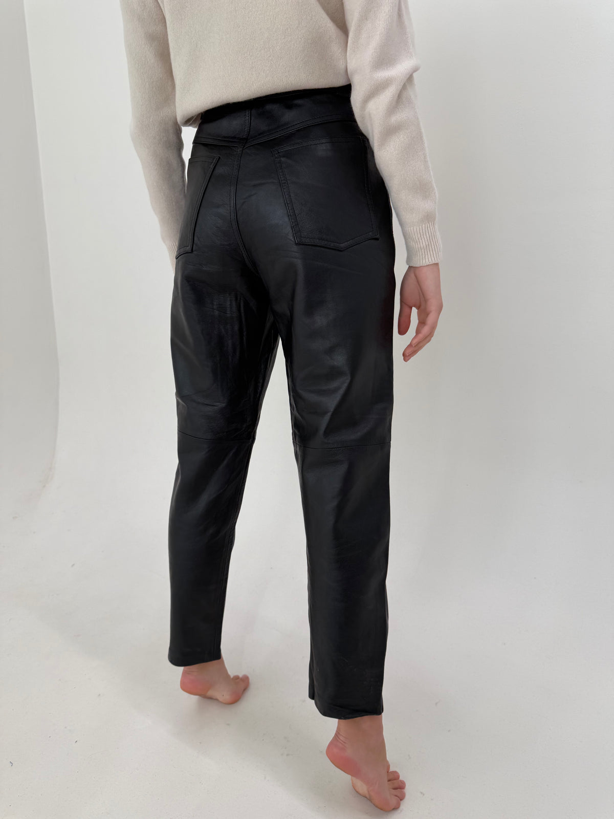 Pantaloni tall din piele naturală extra moale mom fit cu talie ultra înaltă