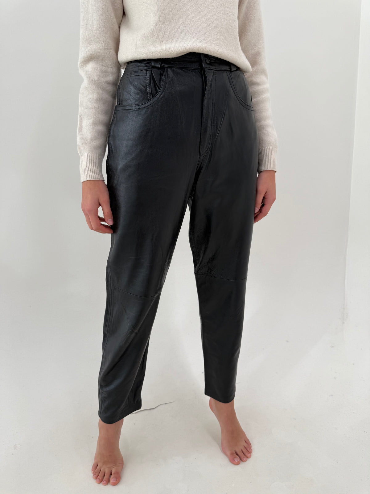 Pantaloni tall din piele naturală extra moale mom fit cu talie ultra înaltă