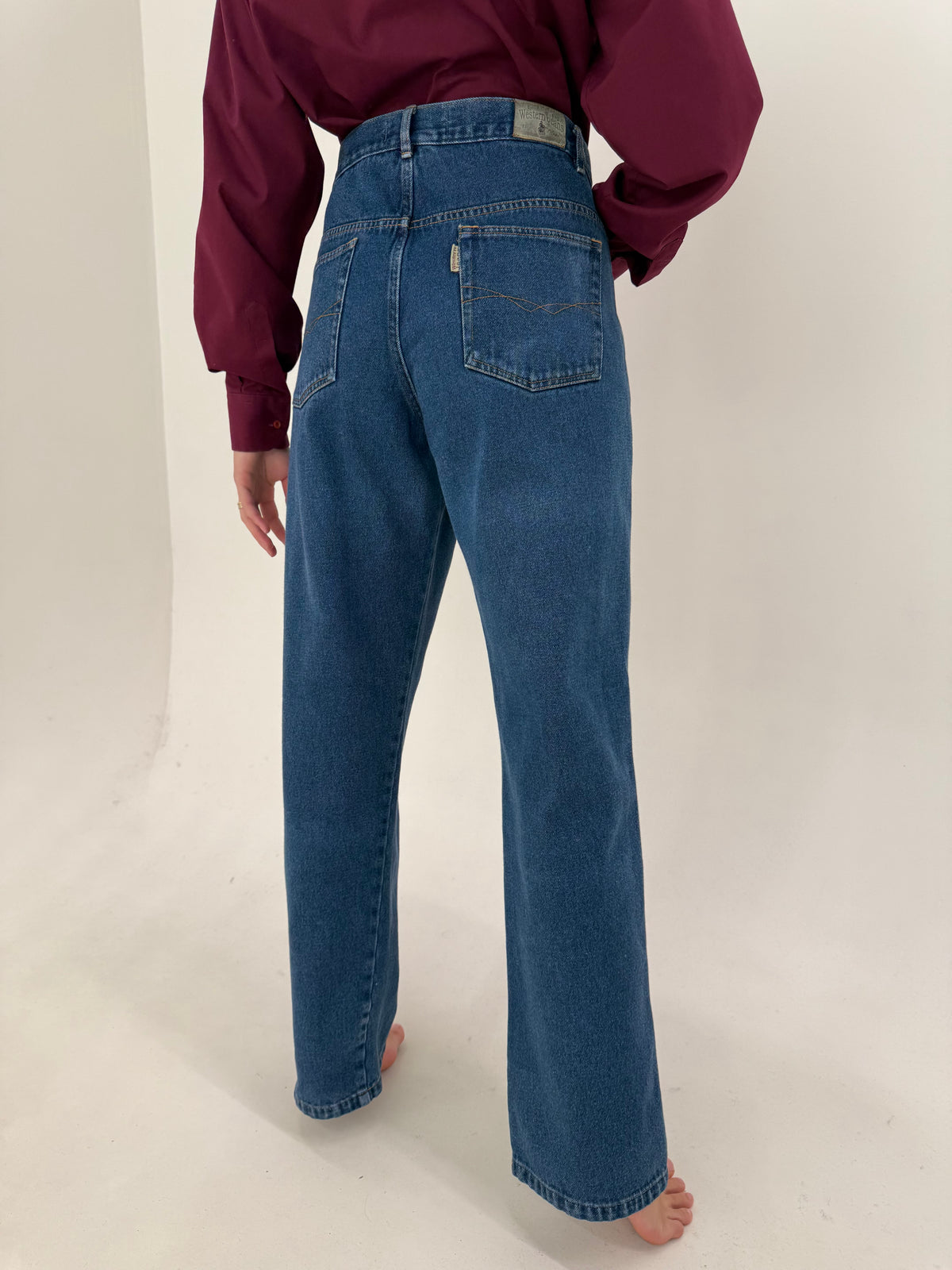 Jeans tall din bumbac din denim gros indigo wash cu talie ultra înaltă