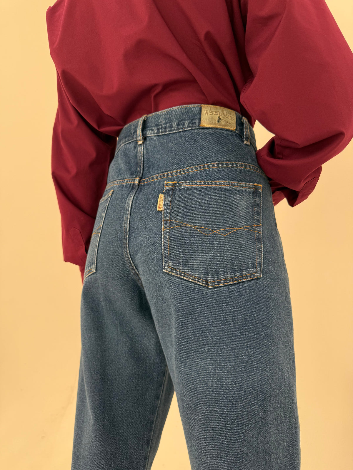 Jeans tall din bumbac din denim gros indigo wash cu talie ultra înaltă