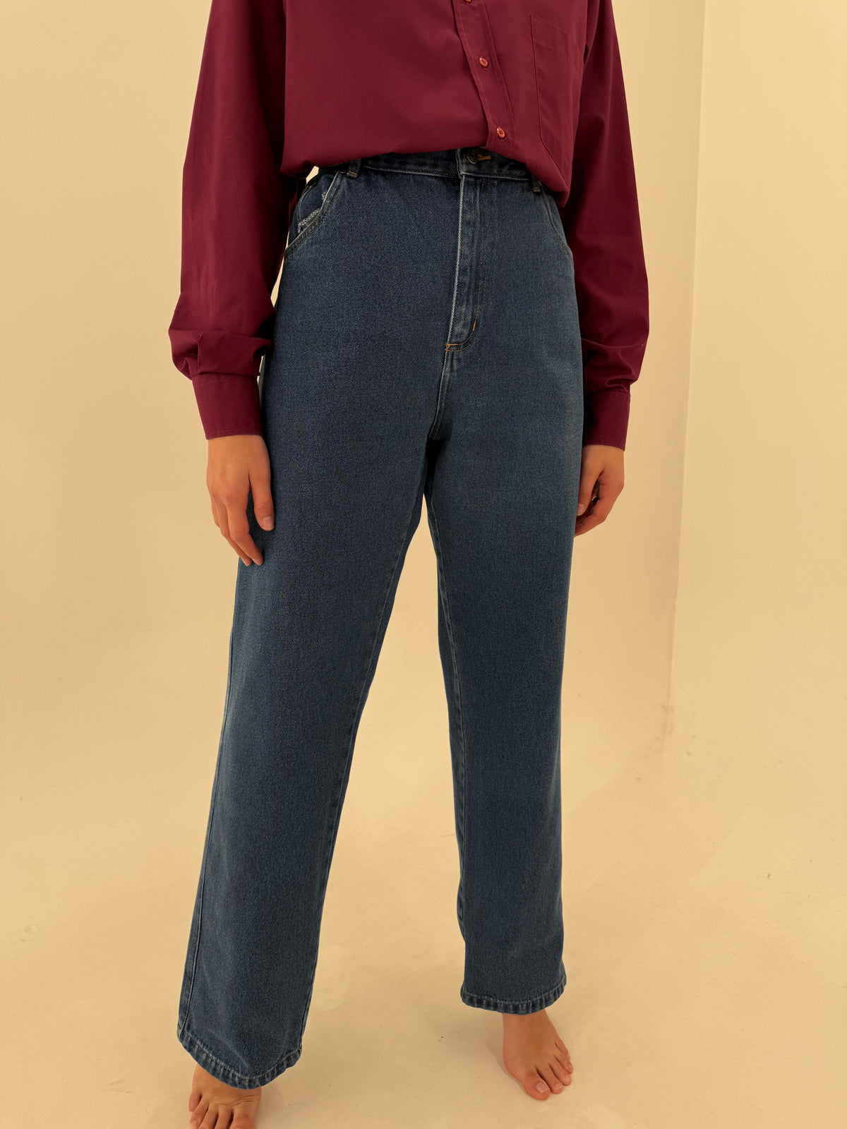 Jeans tall din bumbac din denim gros indigo wash cu talie ultra înaltă