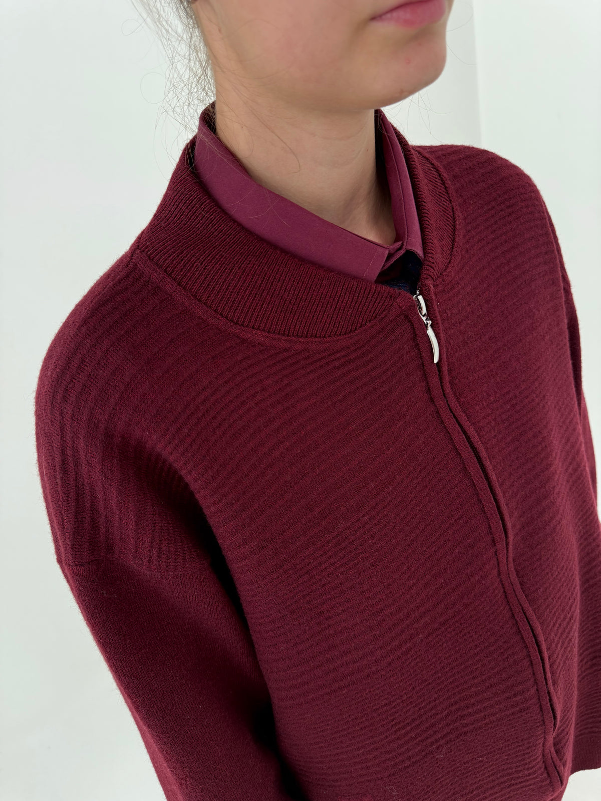 Jachetă full zip burgundy din lana extrafina groasă cu influențe casual plus size
