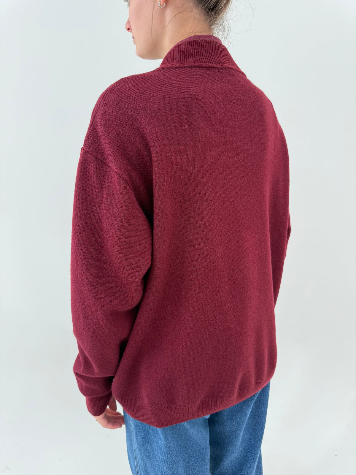 Jachetă full zip burgundy din lana extrafina groasă cu influențe casual plus size