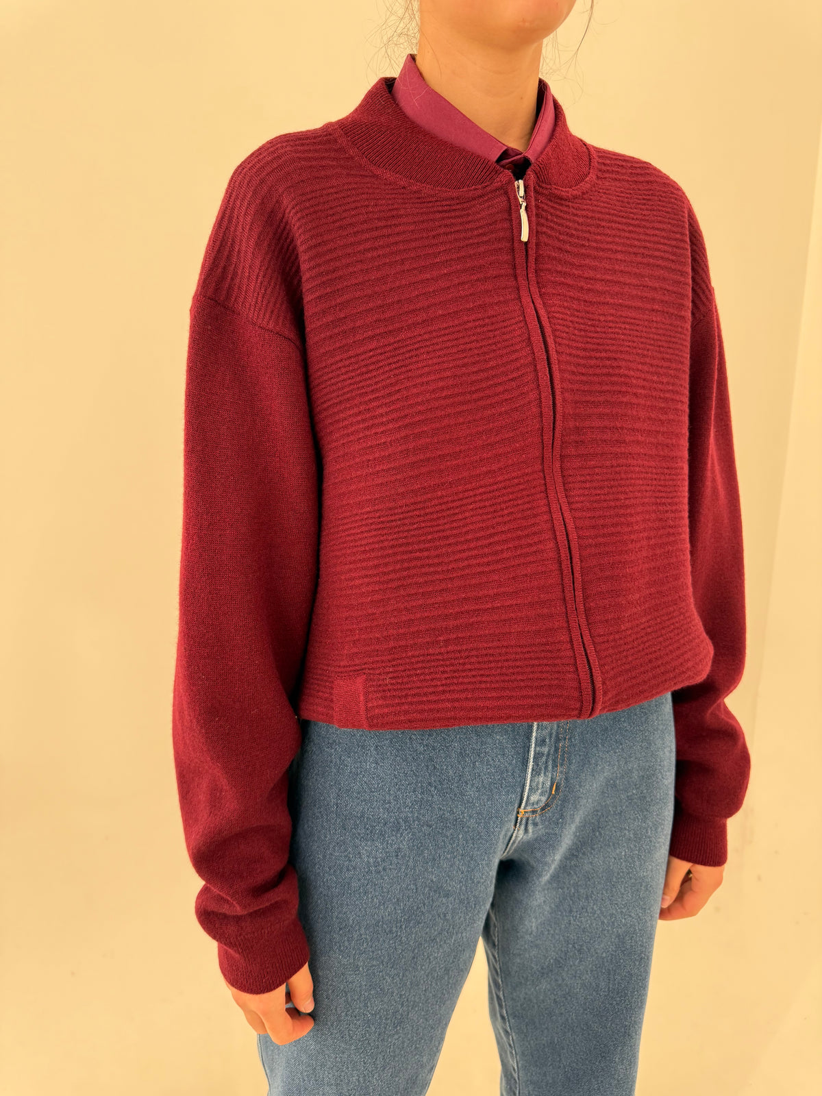 Jachetă full zip burgundy din lana extrafina groasă cu influențe casual plus size