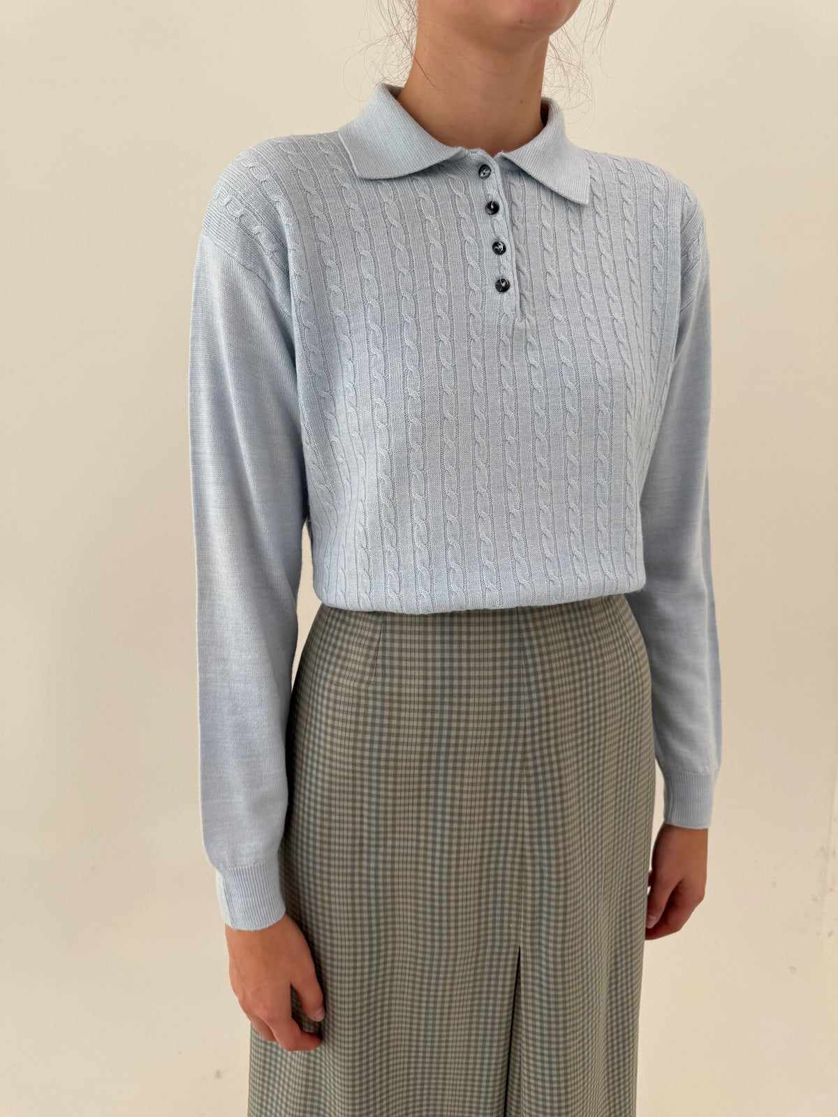 Pulover polo baby blue cu torsade din lana extrafina