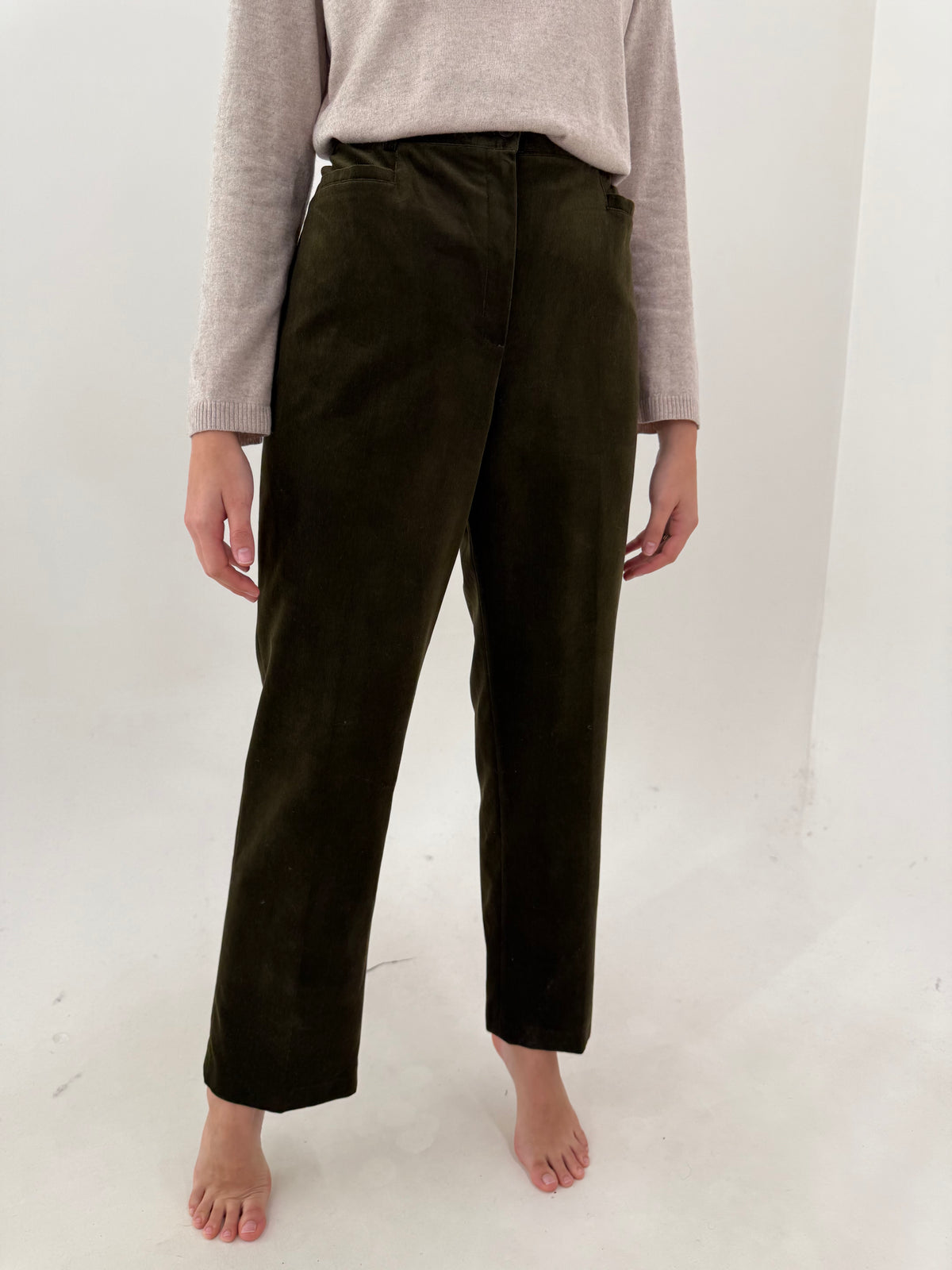 Pantaloni din catifea ultra confort de bumbac și modal dark kaki cu talie înaltă