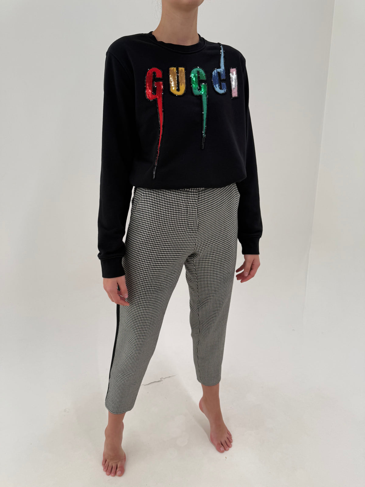 Pantaloni Moschino business pied de coq cu vipușca din lana extrafina petite