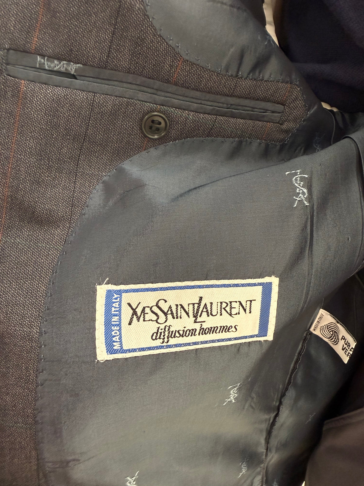 Sacou Yves Saint Laurent vintage din lana de extrafina jeans blue și carouri oranj
