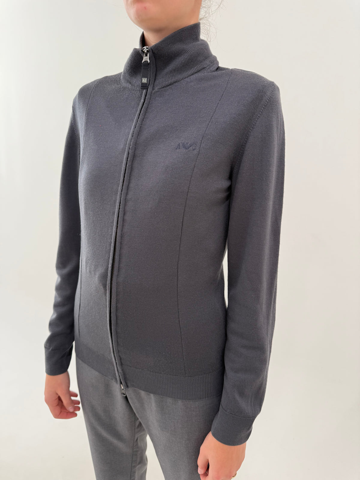 Cardigan / jachetă Armani full zip steel gray din lana extrafina de gramaj mare