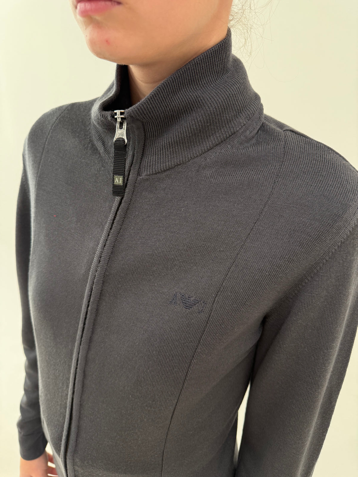 Cardigan / jachetă Armani full zip steel gray din lana extrafina de gramaj mare