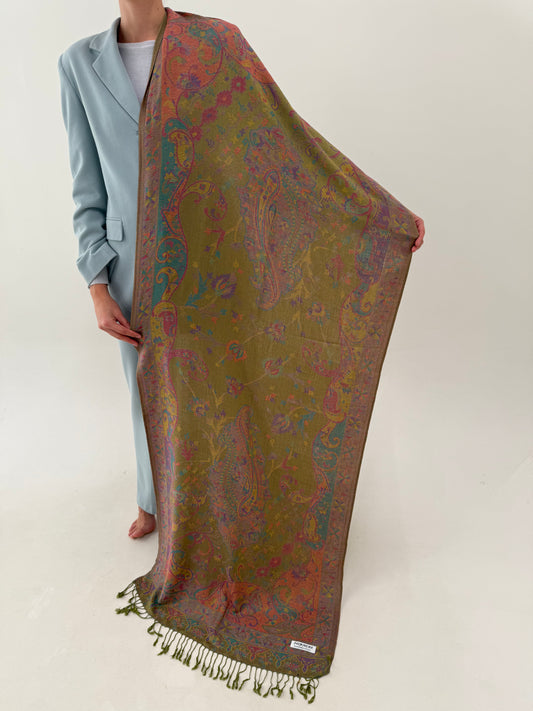 Shawl Pashmina din cașmir și mătase naturală cu print paisley în culori superbe