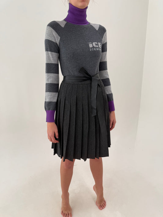 Fustă gama Max Mara plisată  din tweed de lana cu cordon din piele naturală