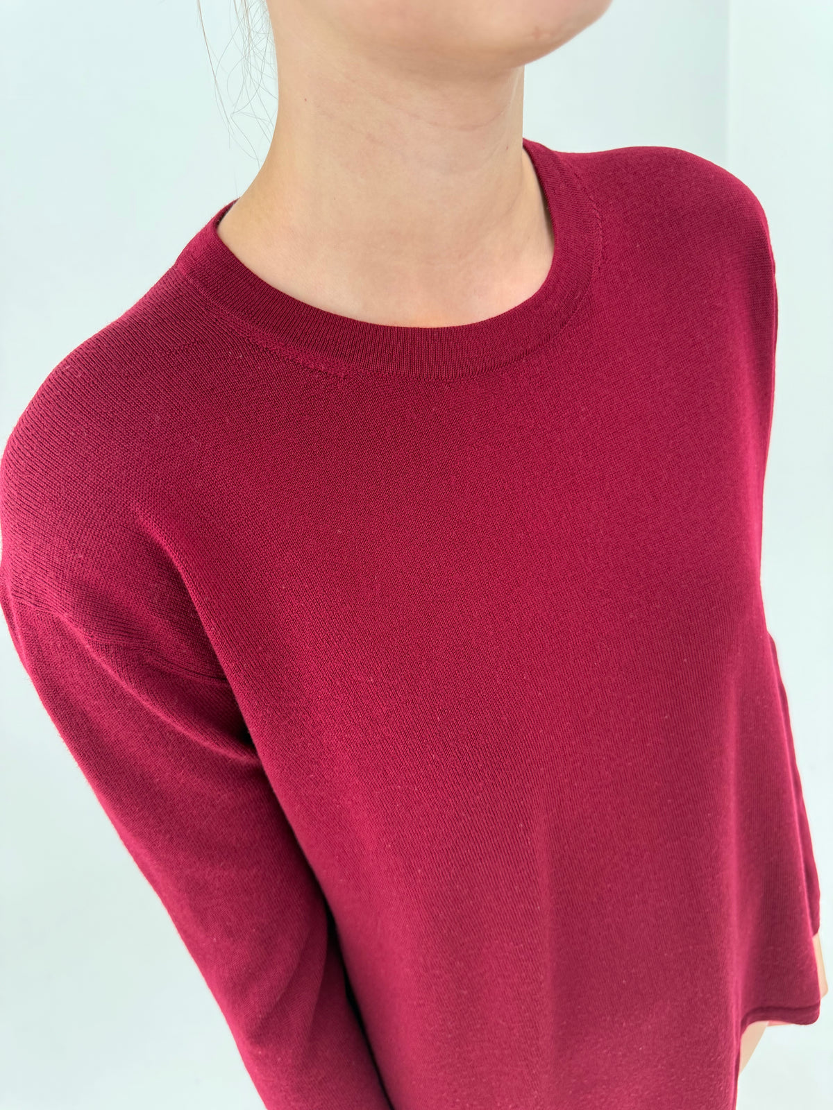 Pulover burgundy din lana merino extrafina de gramaj mare crew neck