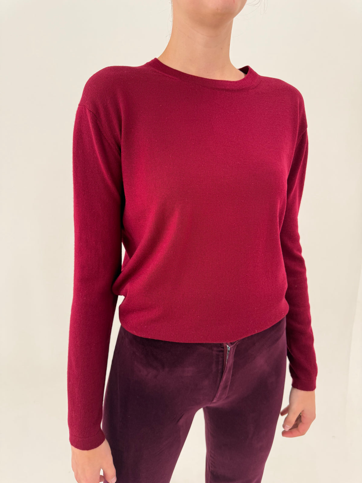 Pulover burgundy din lana merino extrafina de gramaj mare crew neck