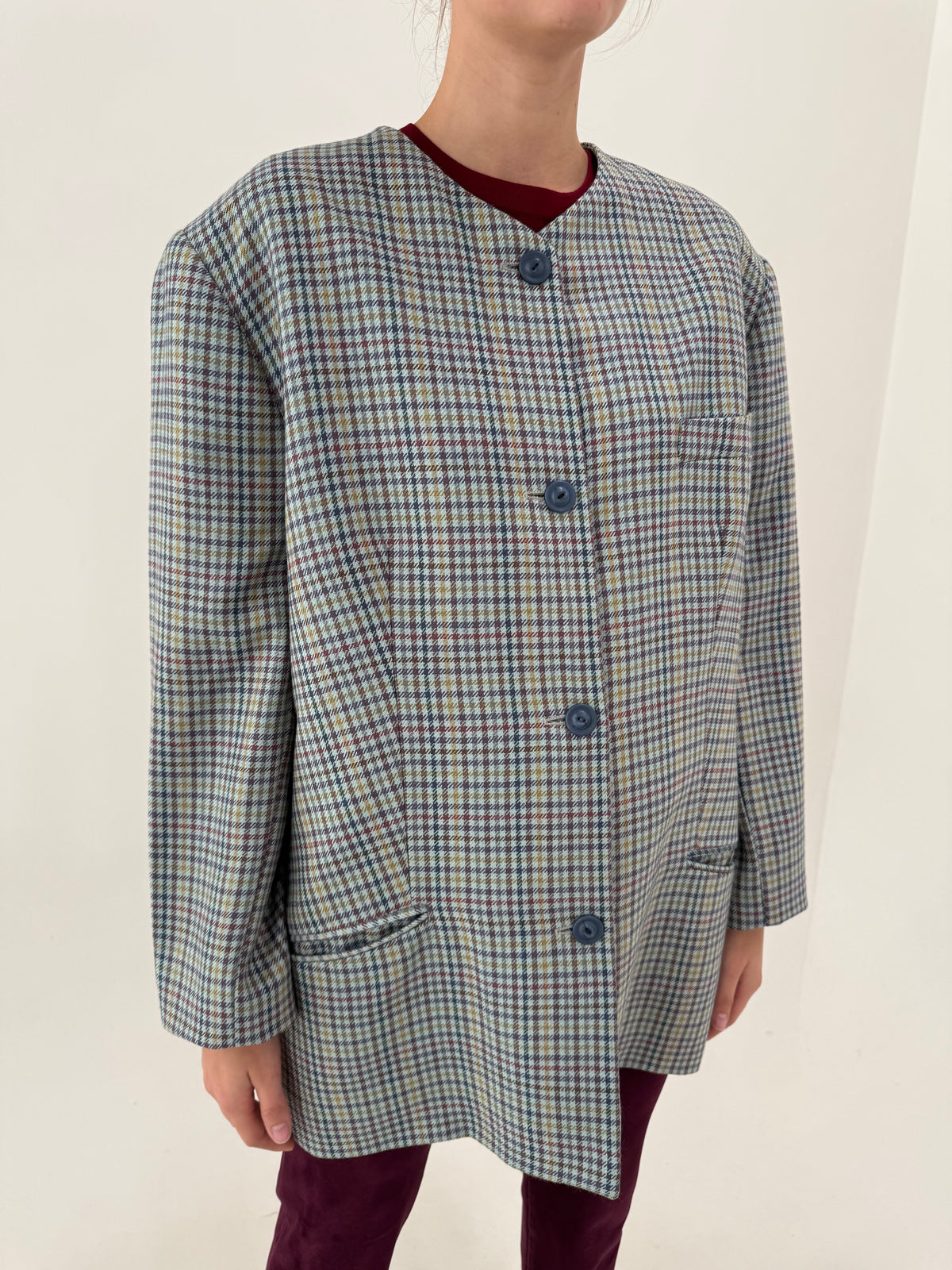 Sacou baby blue plus size din tweed piese de coq curcubeu de lana extrafina
