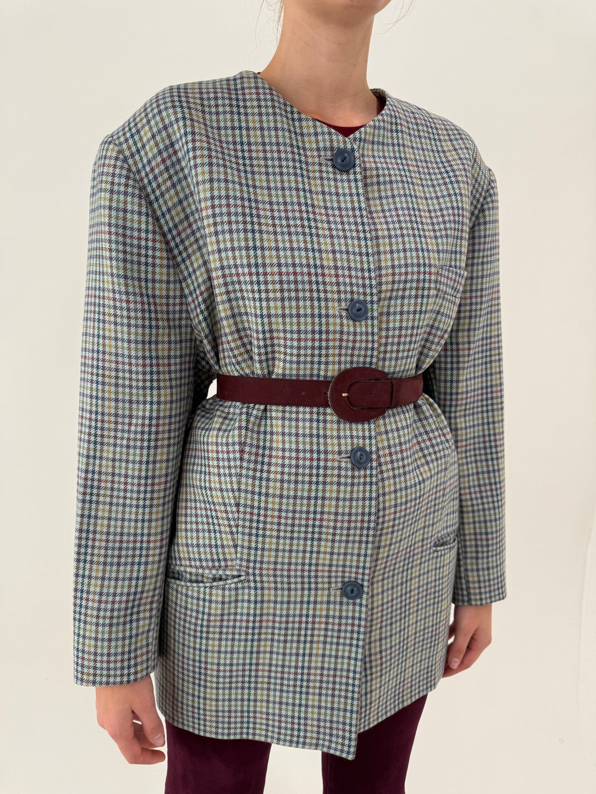 Sacou baby blue plus size din tweed piese de coq curcubeu de lana extrafina