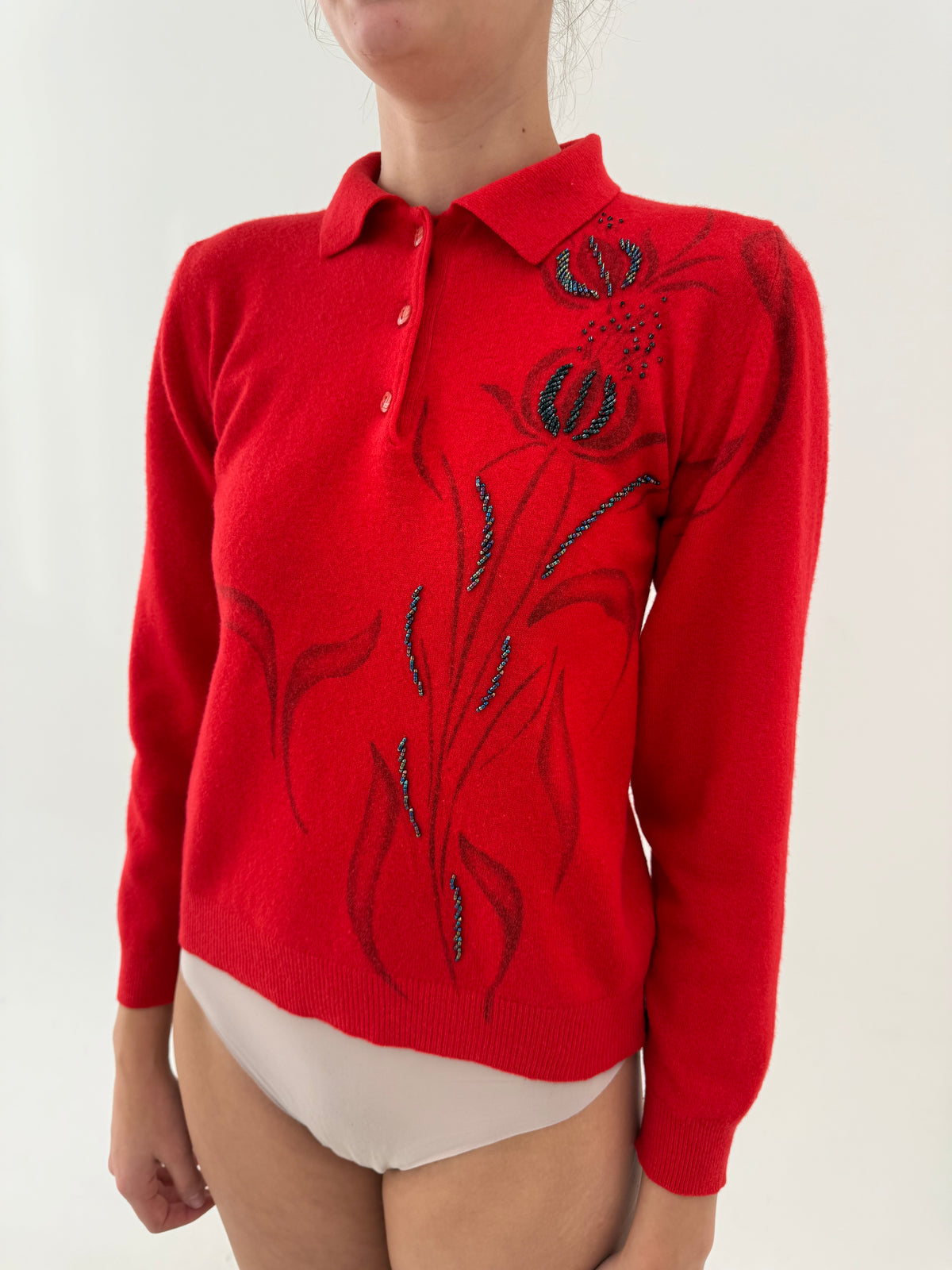 Pulover polo vintage petite cherry red cu print superb stilizat