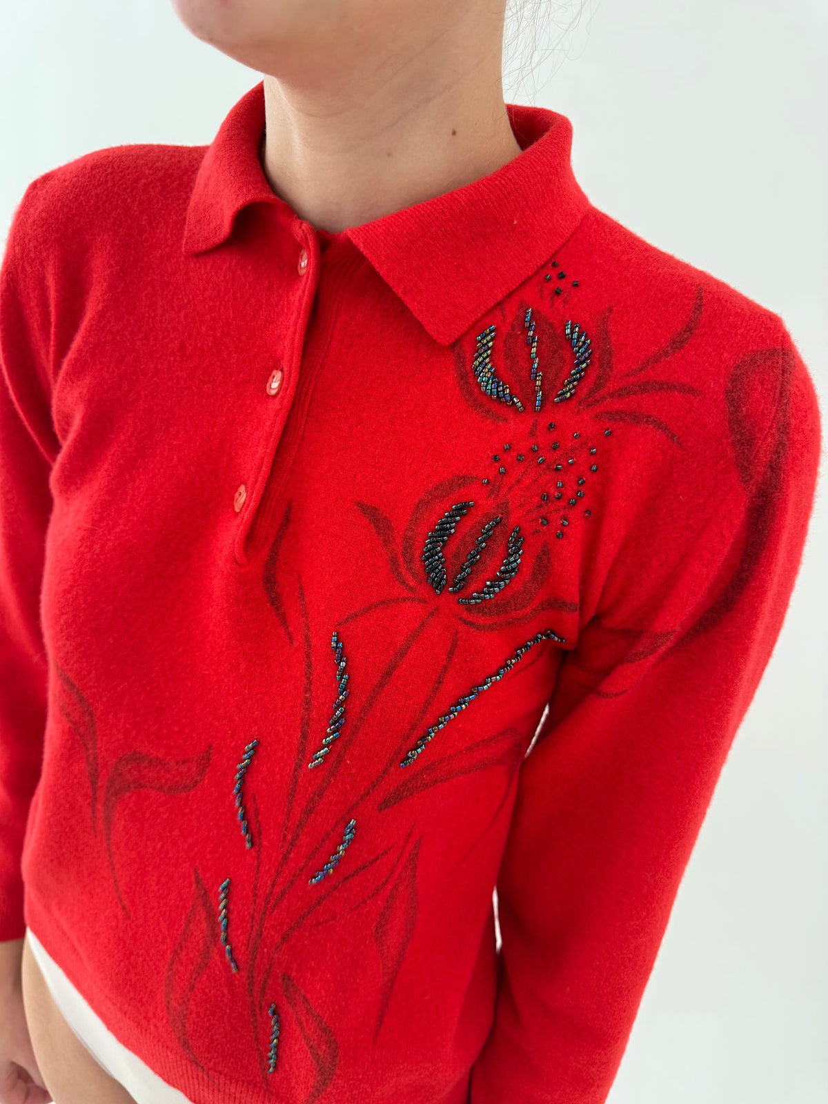 Pulover polo vintage petite cherry red cu print superb stilizat