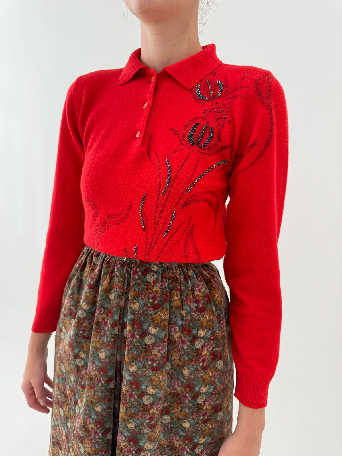 Pulover polo vintage petite cherry red cu print superb stilizat