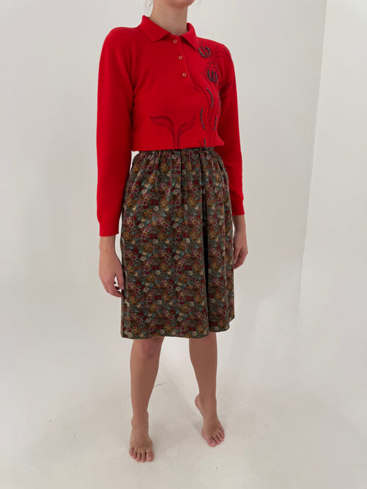 Fustă vintage midi din catifea de bumbac italiană cu print floral în culori superbe