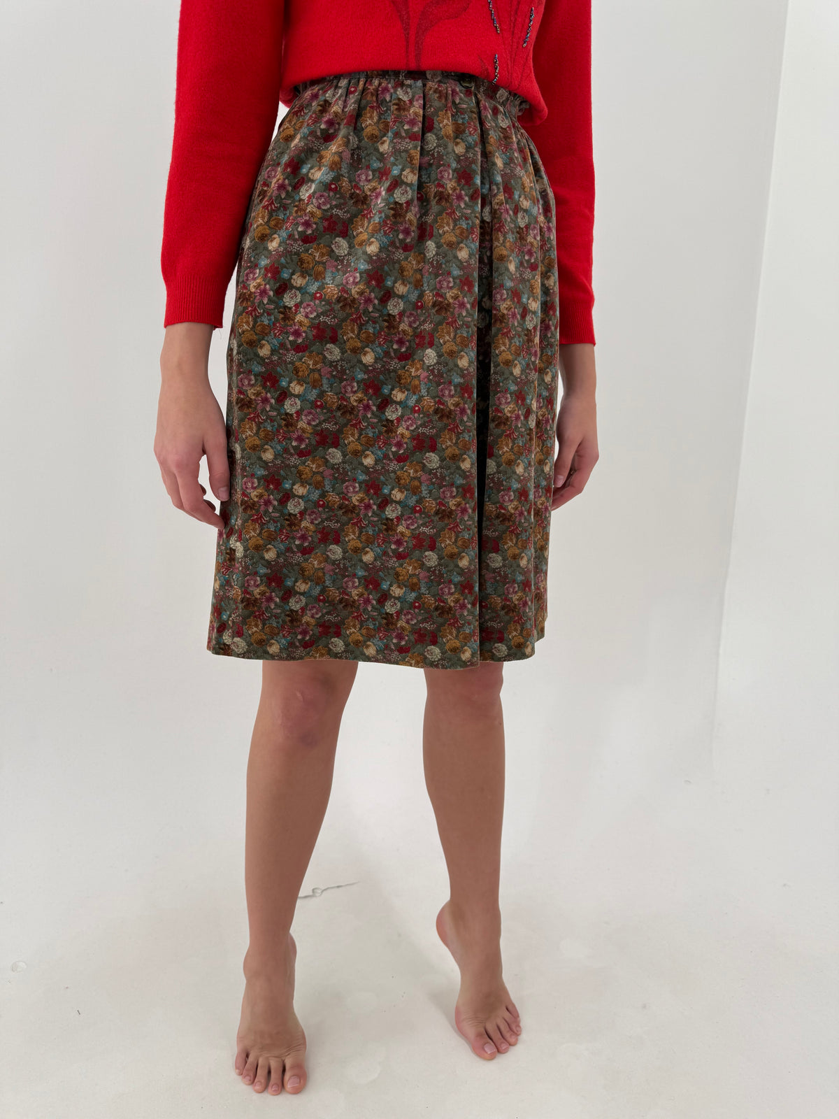 Fustă vintage midi din catifea de bumbac italiană cu print floral în culori superbe