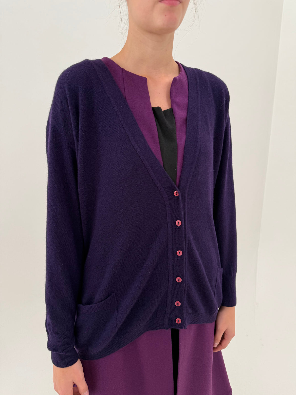 Cardigan eggplant purple din lana extrafina cu Angora