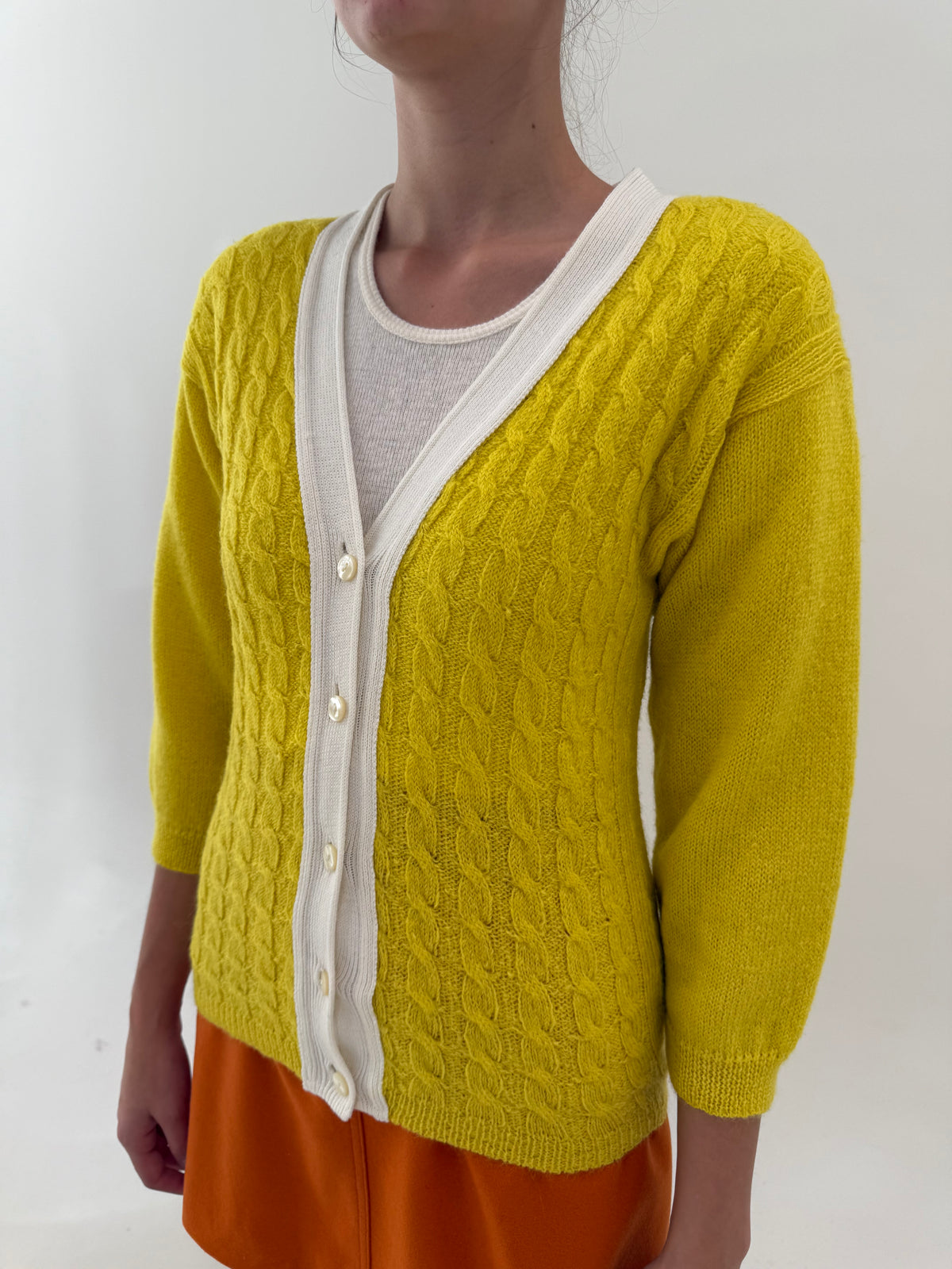 Cardigan vintage gros cu torsade din lana Shetland lime yellow