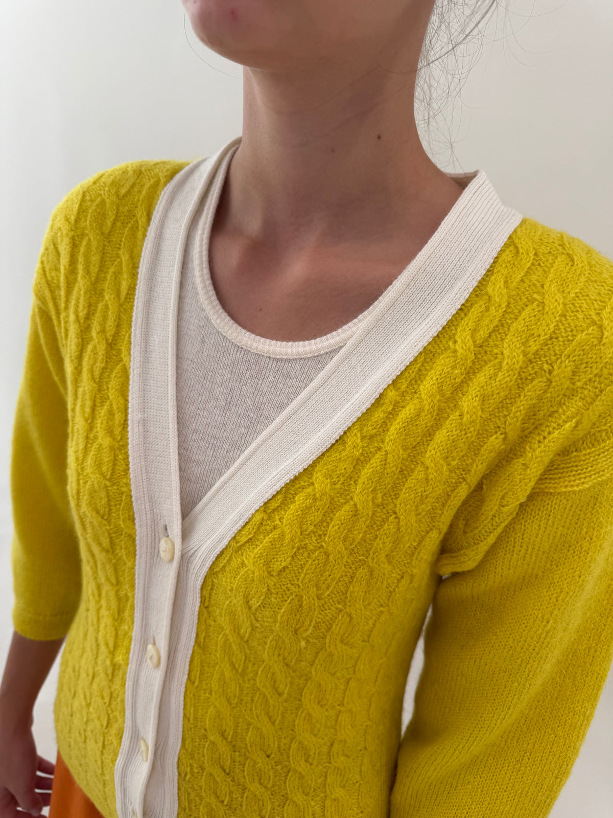 Cardigan vintage gros cu torsade din lana Shetland lime yellow