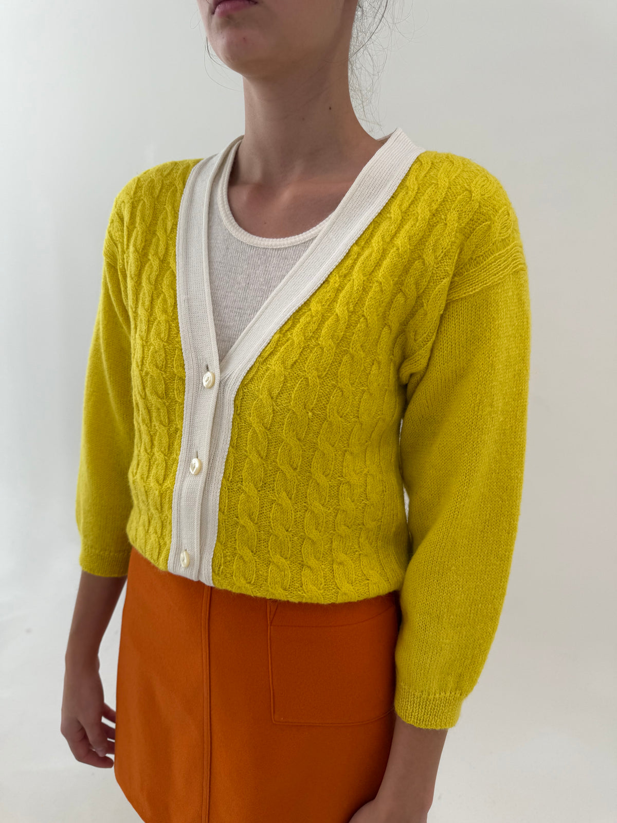 Cardigan vintage gros cu torsade din lana Shetland lime yellow