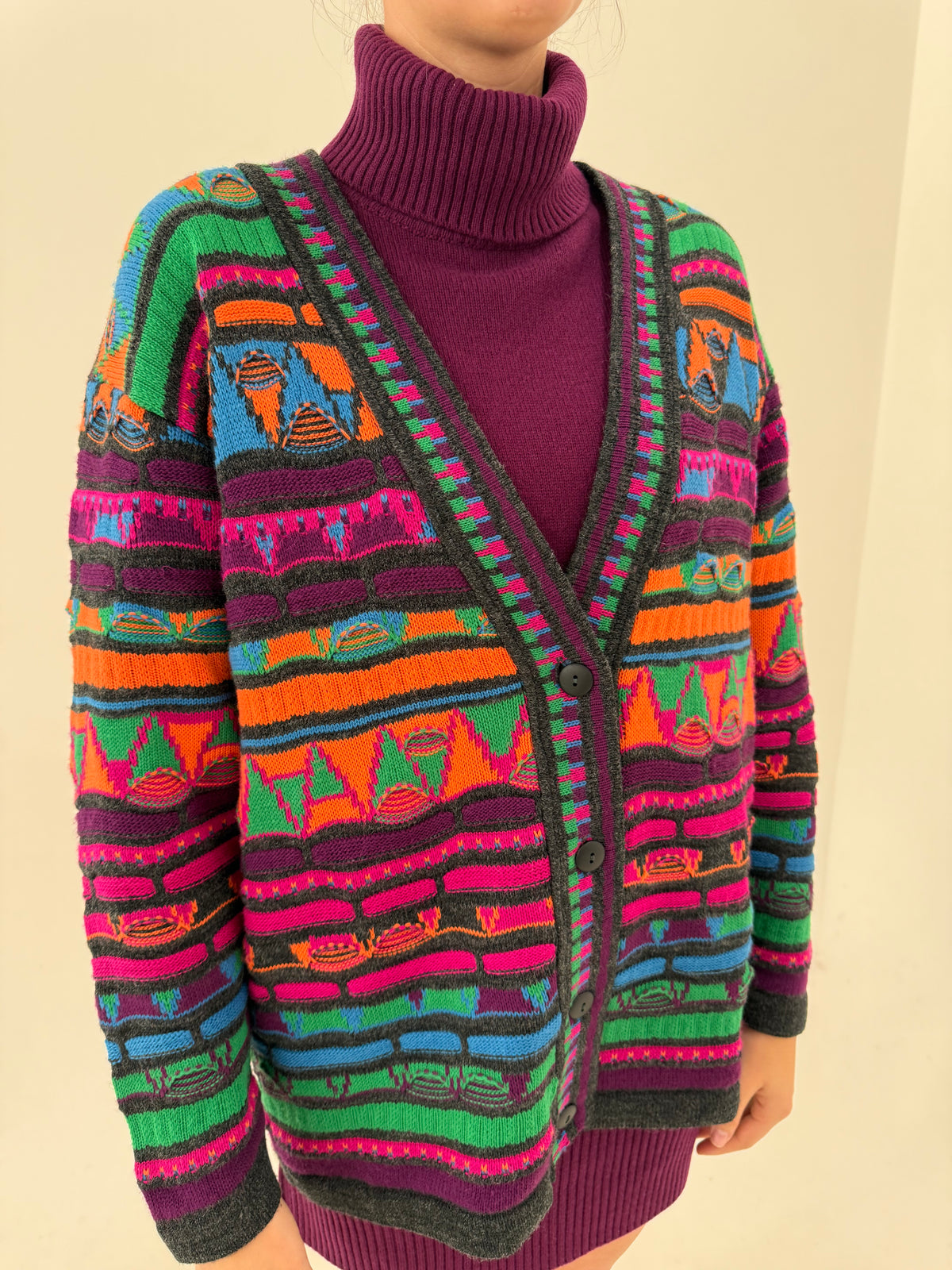 Cardigan vintage super gros din tricot de lana texturat în culori tari excepțional