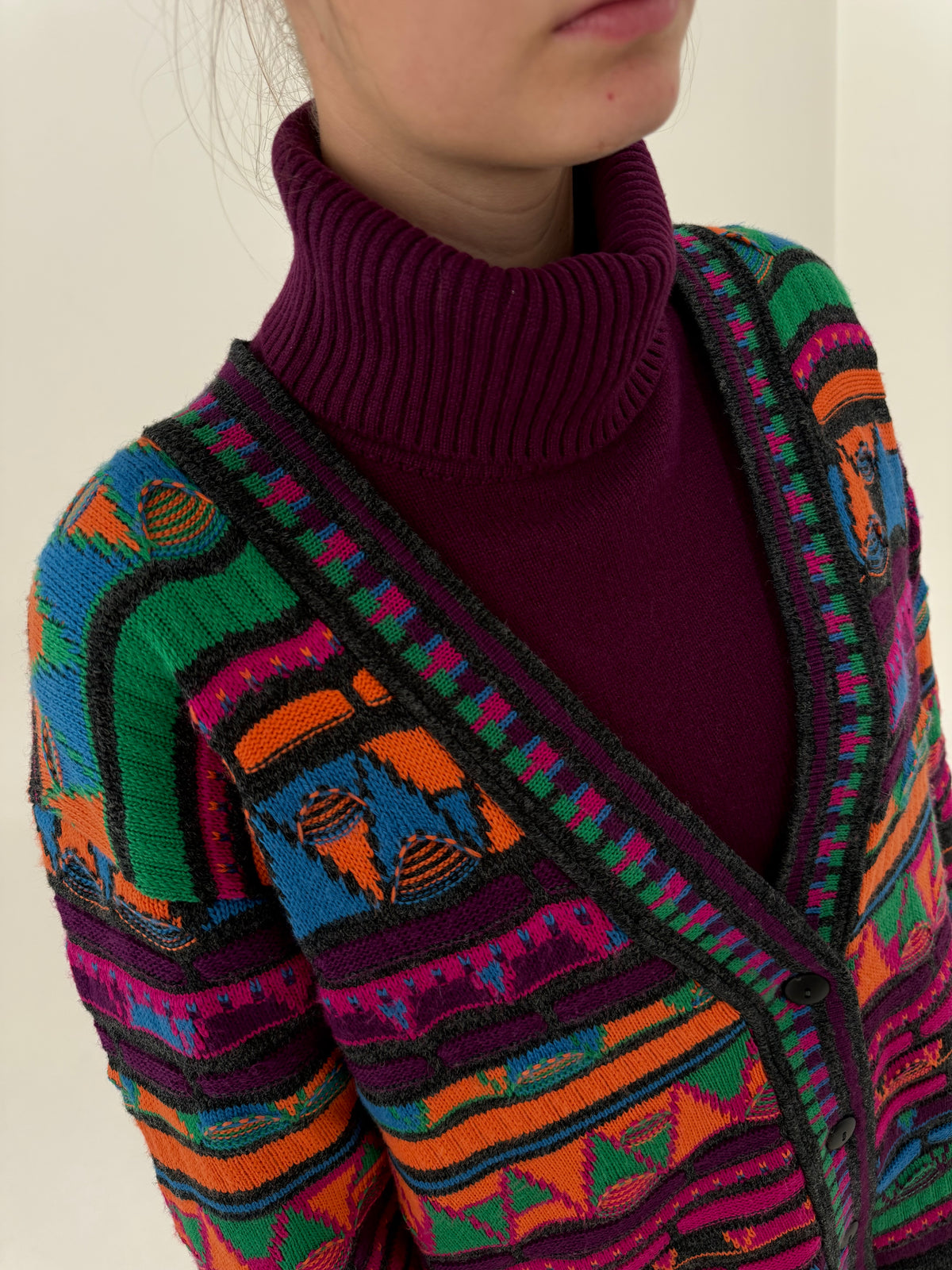 Cardigan vintage super gros din tricot de lana texturat în culori tari excepțional