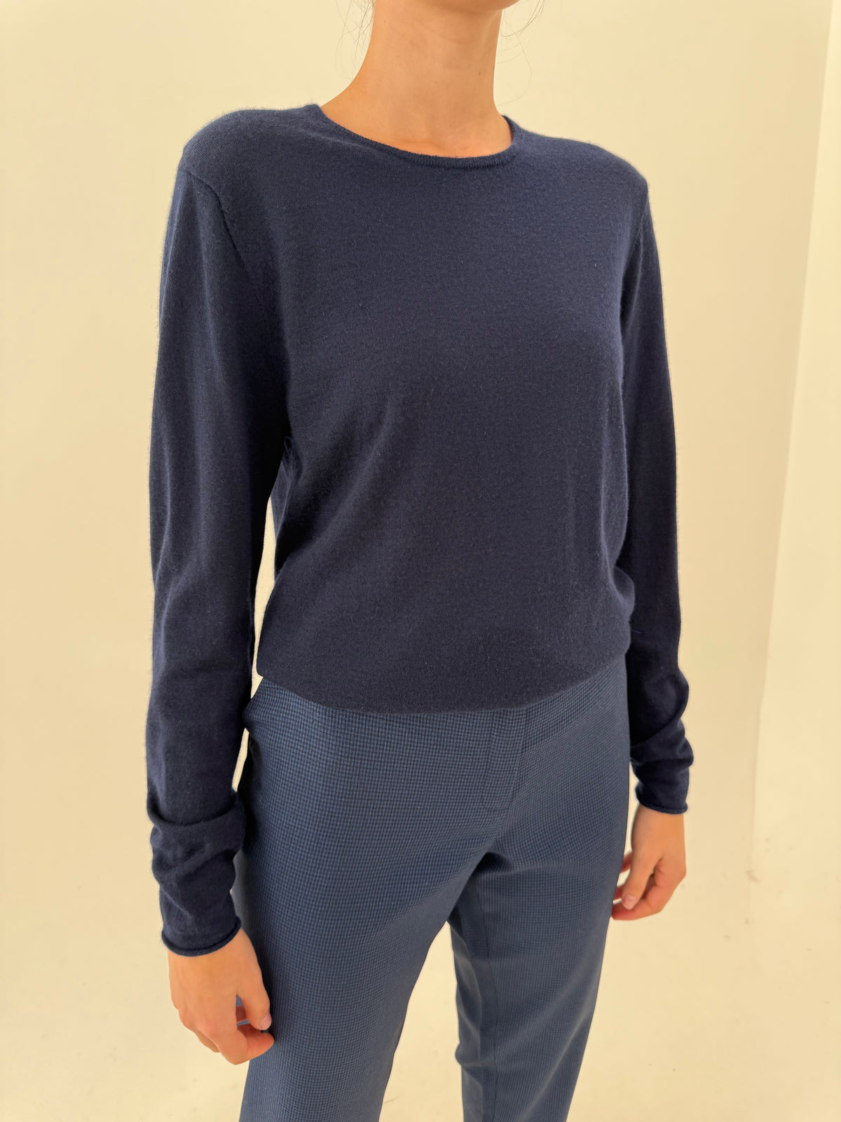 Pulover tall din cașmir Navy blue excepțional crew neck