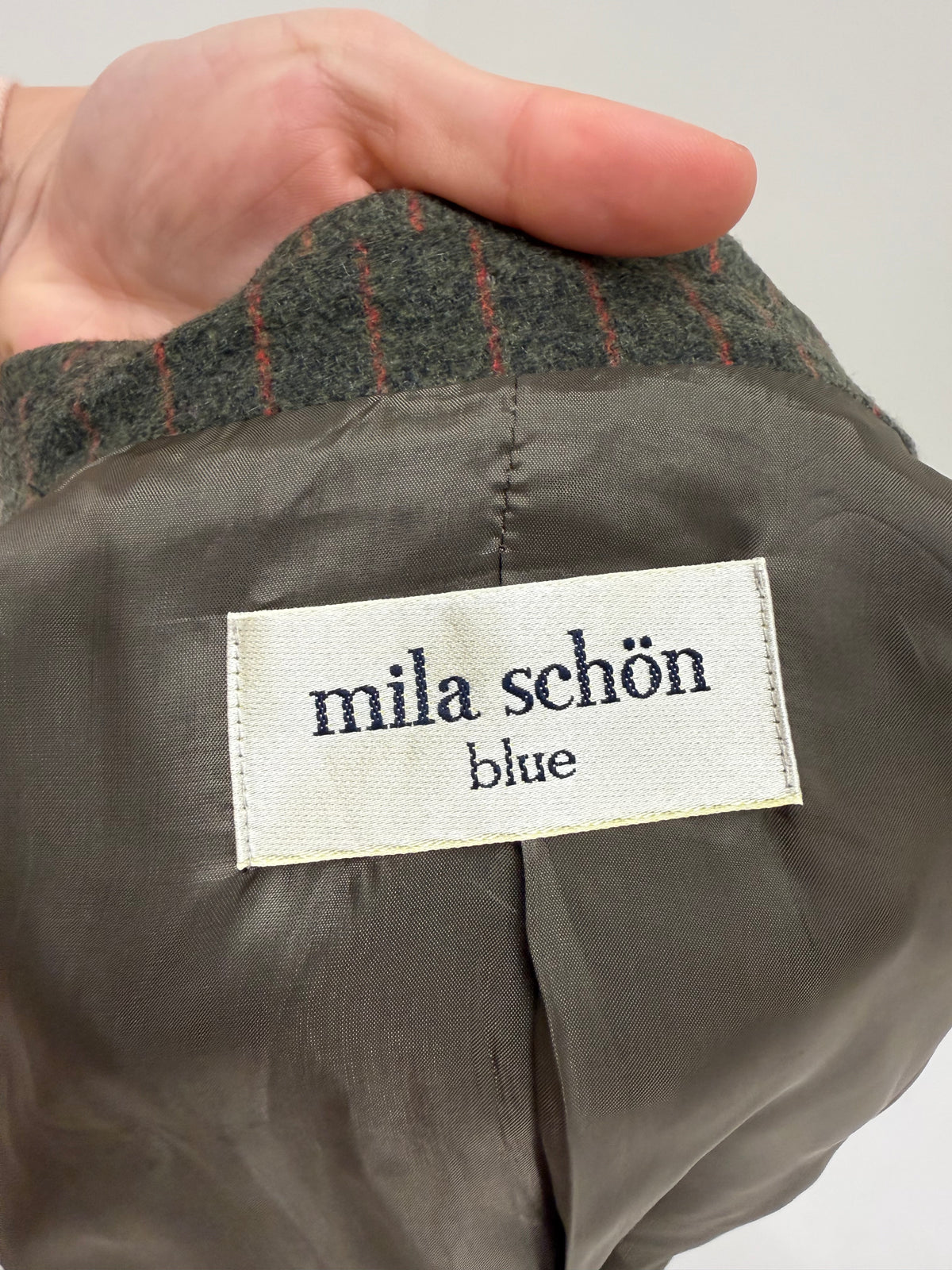 Sacou vintage luxury Mila Schon din stofă plină extrafina dark green cu dungi verticale coral