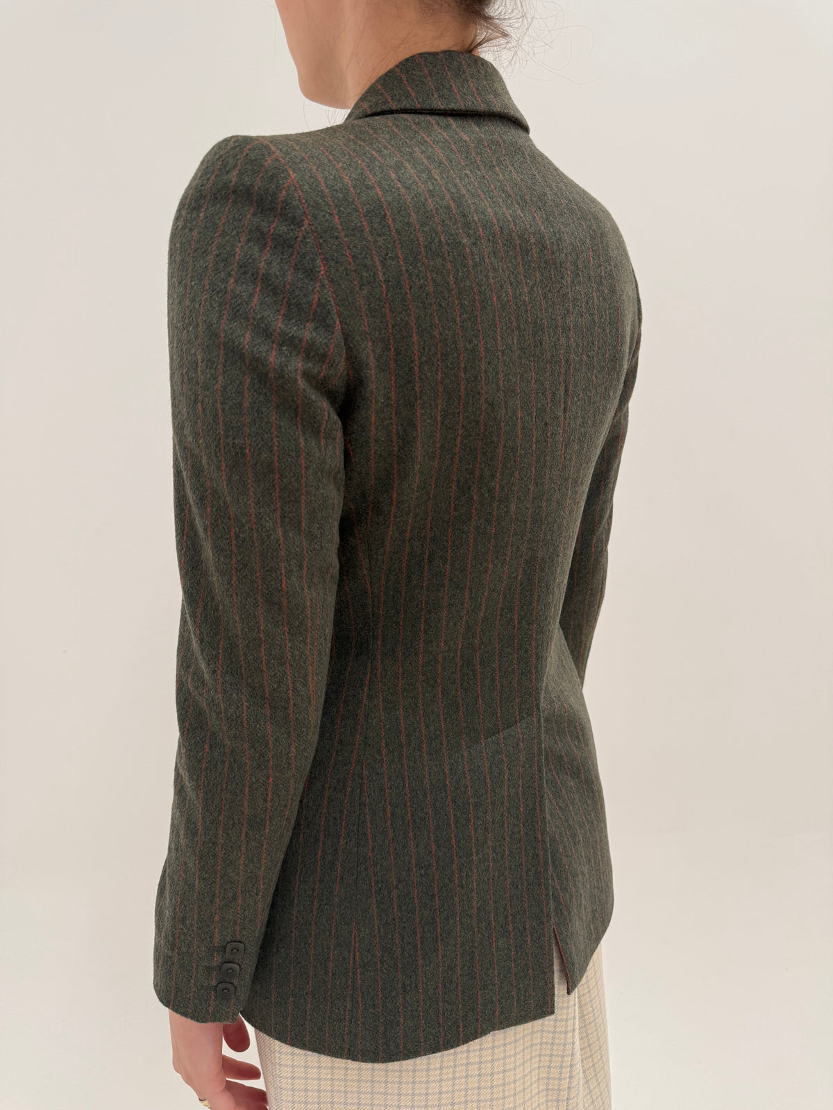 Sacou vintage luxury Mila Schon din stofă plină extrafina dark green cu dungi verticale coral