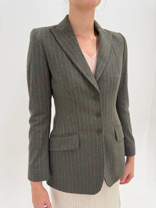 Sacou vintage luxury Mila Schon din stofă plină extrafina dark green cu dungi verticale coral