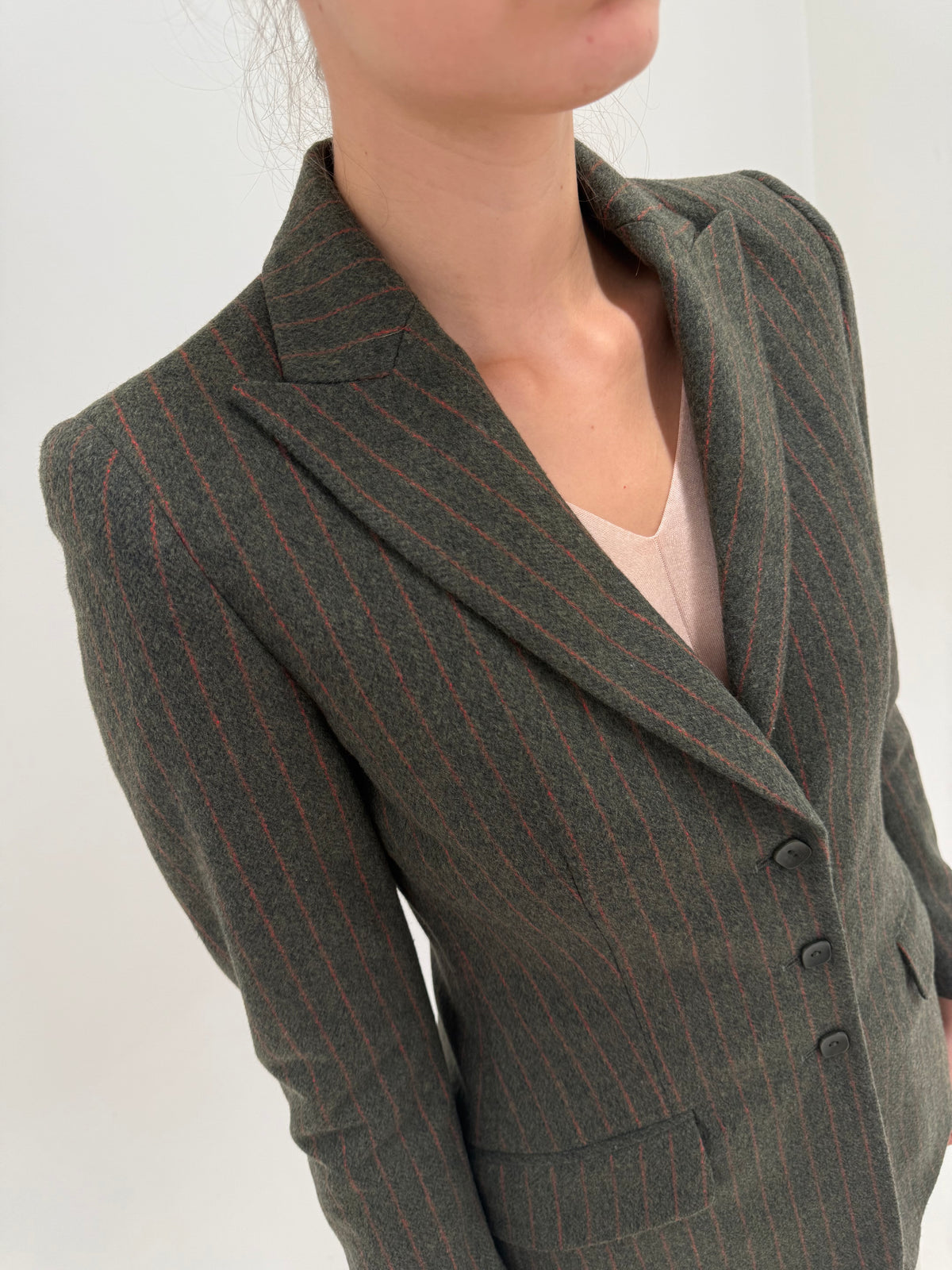 Sacou vintage luxury Mila Schon din stofă plină extrafina dark green cu dungi verticale coral