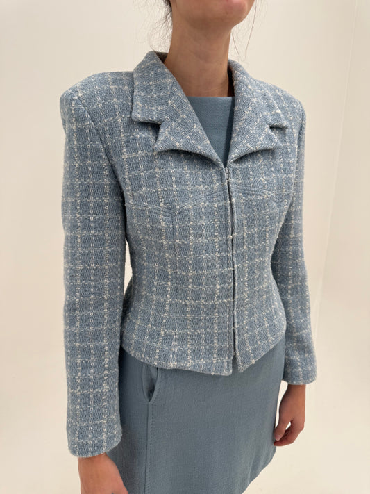 Jacheta vintage italiană în stil Chanel din tweed gros excepțional baby blue de lana cu alpaka