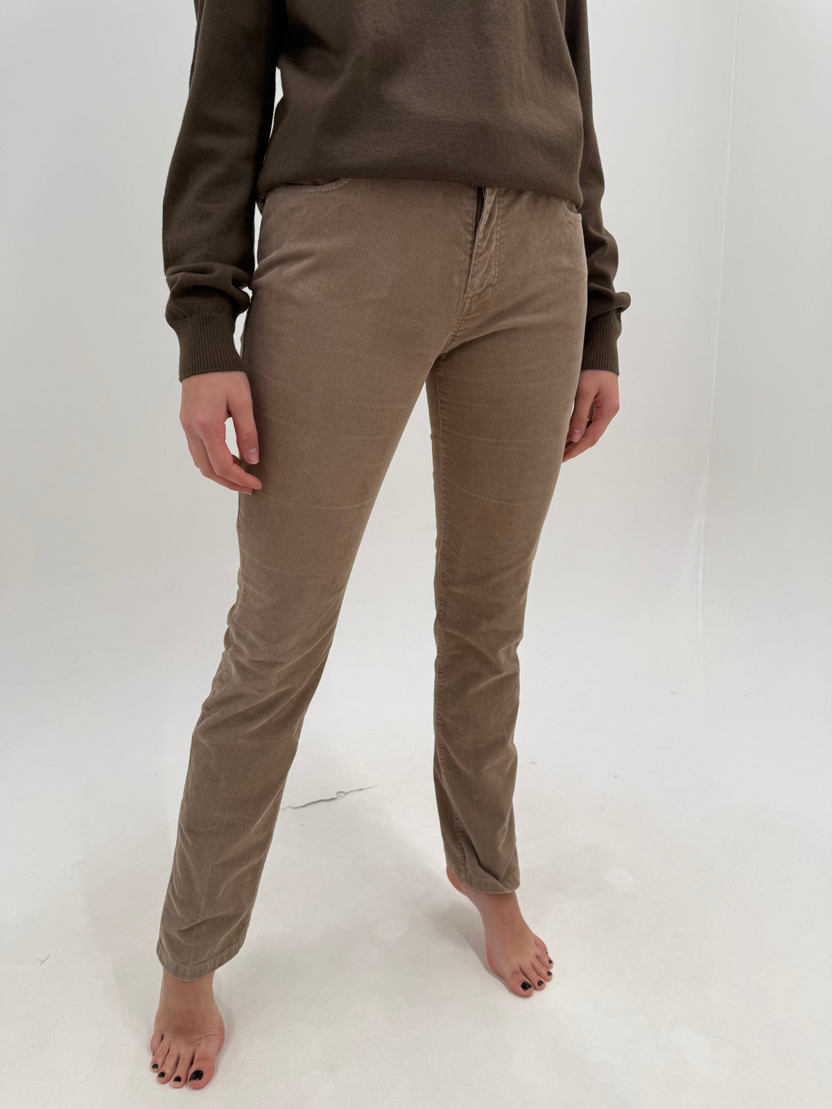Pantaloni taupe tall de brand luxury italian Gattinoni din catifea raiata fin ultra confort