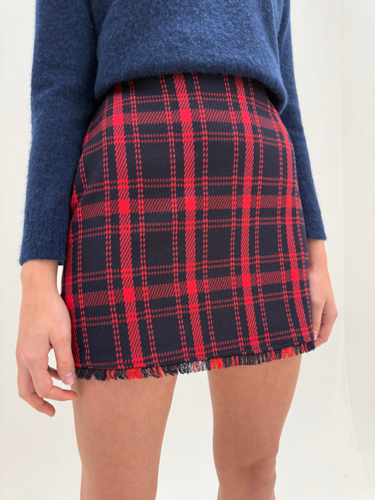 Fustă mini din tartan Navy blue și roșu cu talie medie în croi ușor A-line