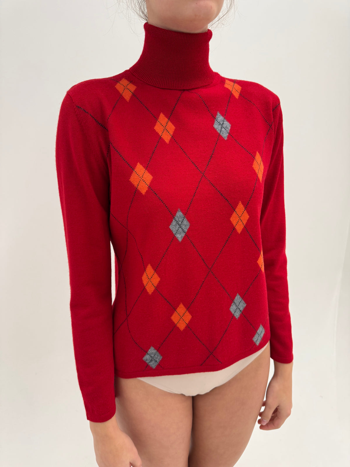 Maleta vintage cu romburi din lana extrafina ribbed fin cherry red