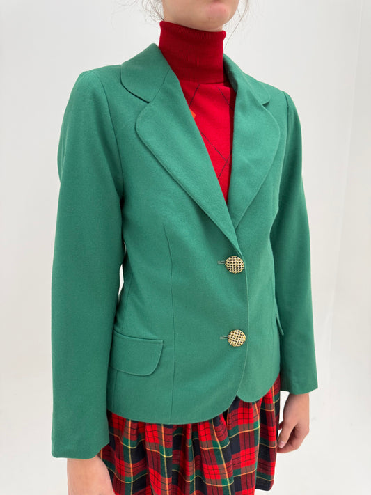 Sacou vintage emerald green cu nasturi bijuterie și revere late rotunjite ușor cambrat