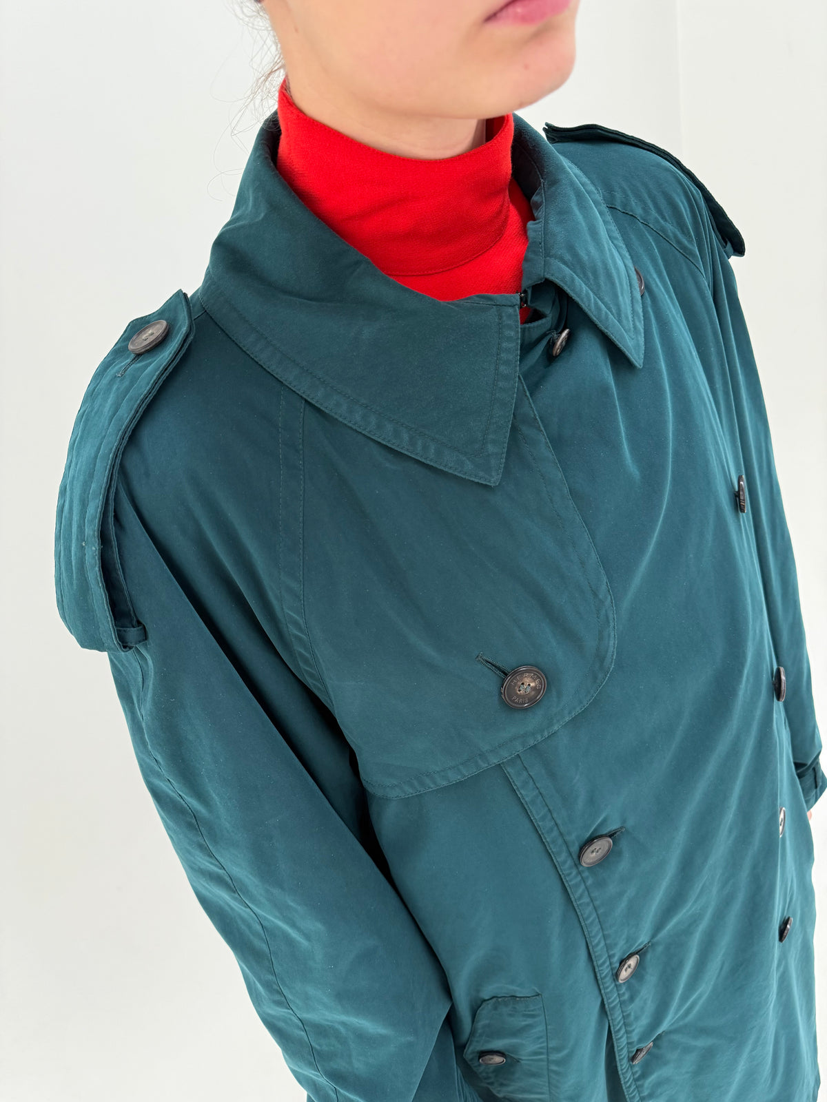 Trench Hermes cu interior light padded old vintage anii 80 dark teal green