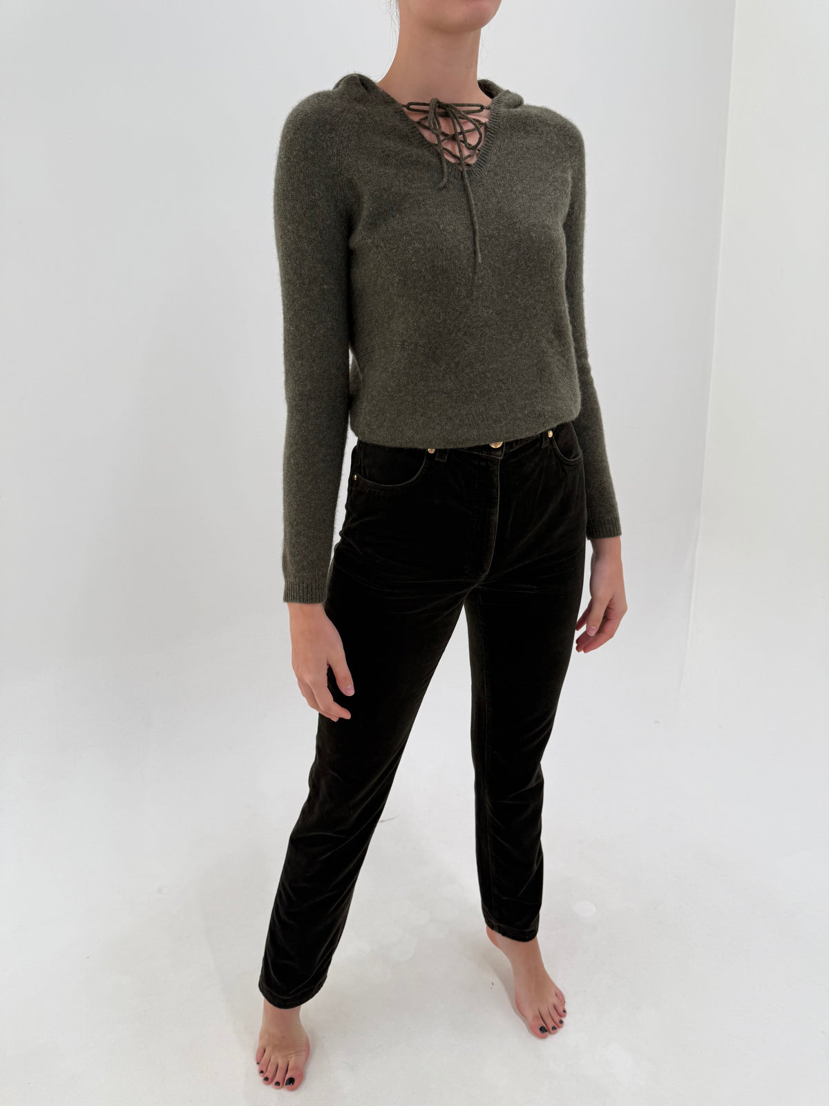 Pantaloni Luisa Spagnoli dark green din catifea ultra confort tall