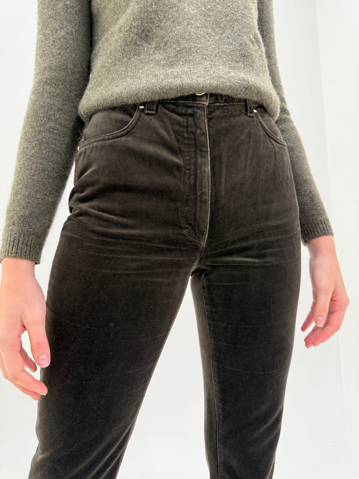 Pantaloni Luisa Spagnoli dark green din catifea ultra confort tall
