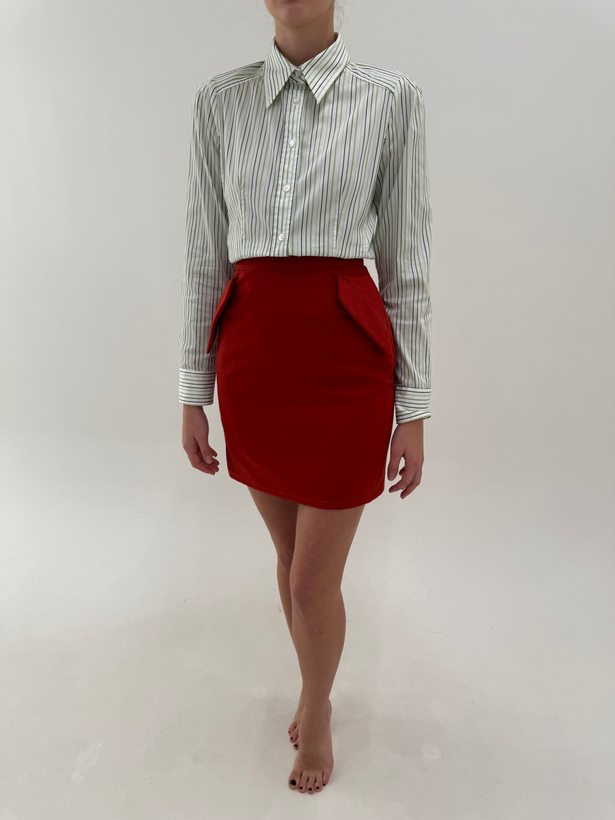 Fustă vintage Missoni creion mini brick red din lana extrafina cu clapete arhitecturale