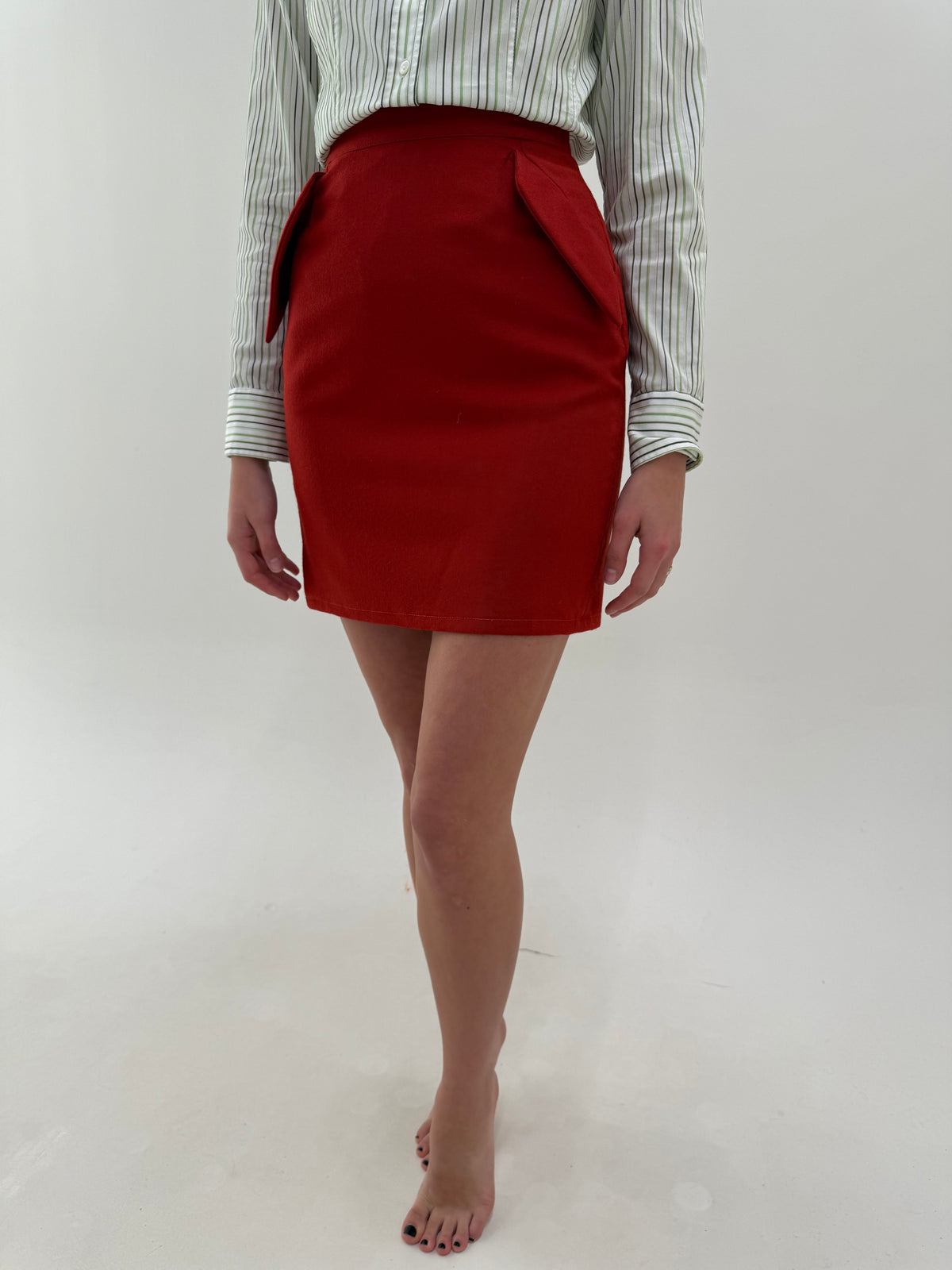 Fustă vintage Missoni creion mini brick red din lana extrafina cu clapete arhitecturale
